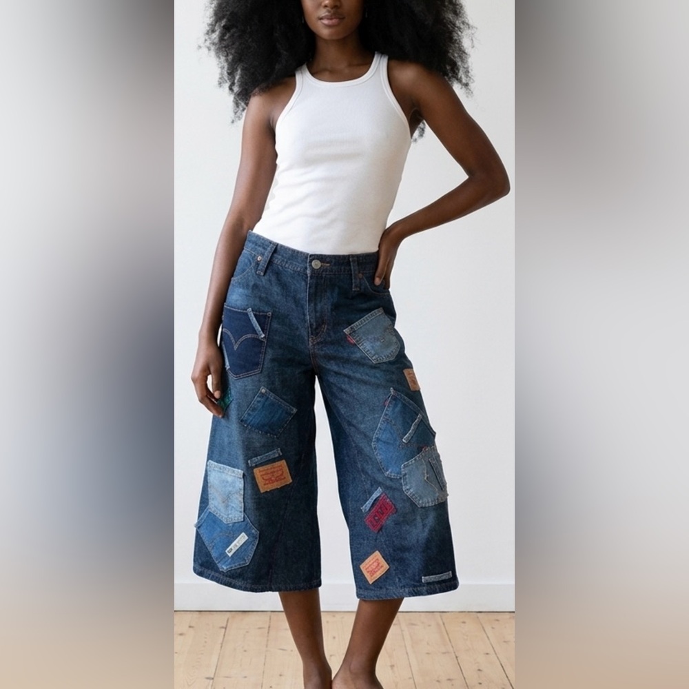 LEVIS Upcycled Wide-Leg Patchwork Cropped culotte Jeans size 10- Dark Blue - Picture 2 of 8